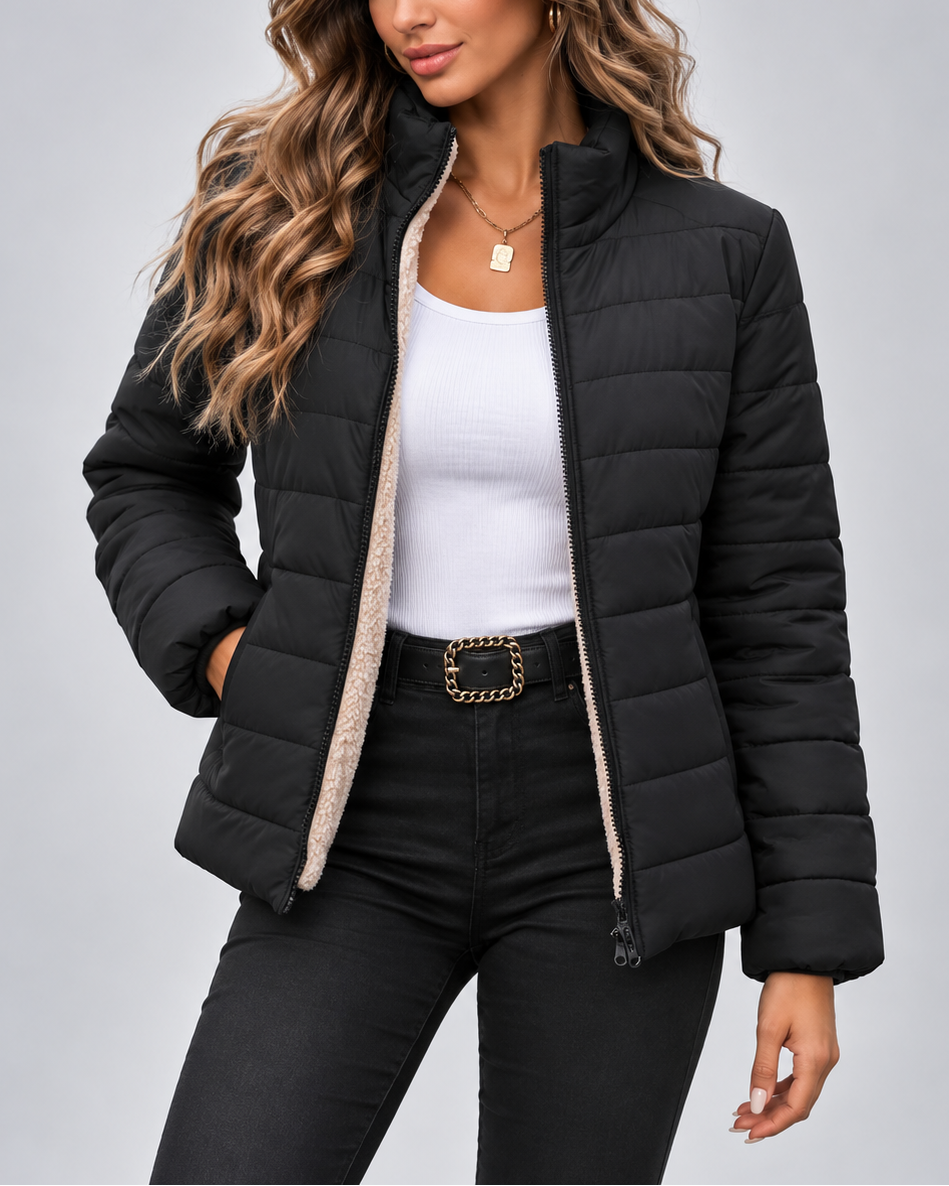 Black quilted puffer jacket with teddy lined collar front