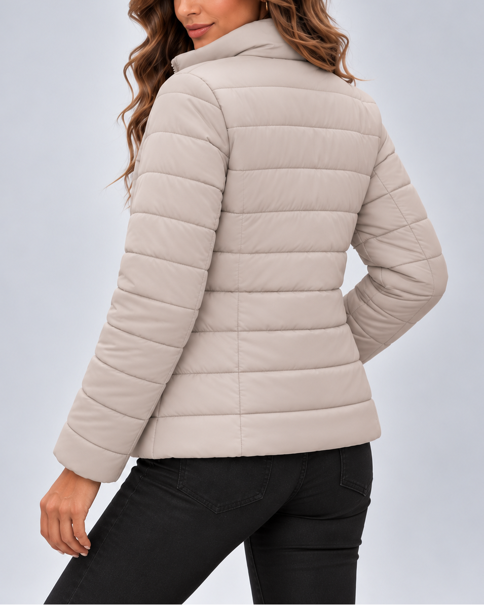 Taupe quilted puffer jacket side