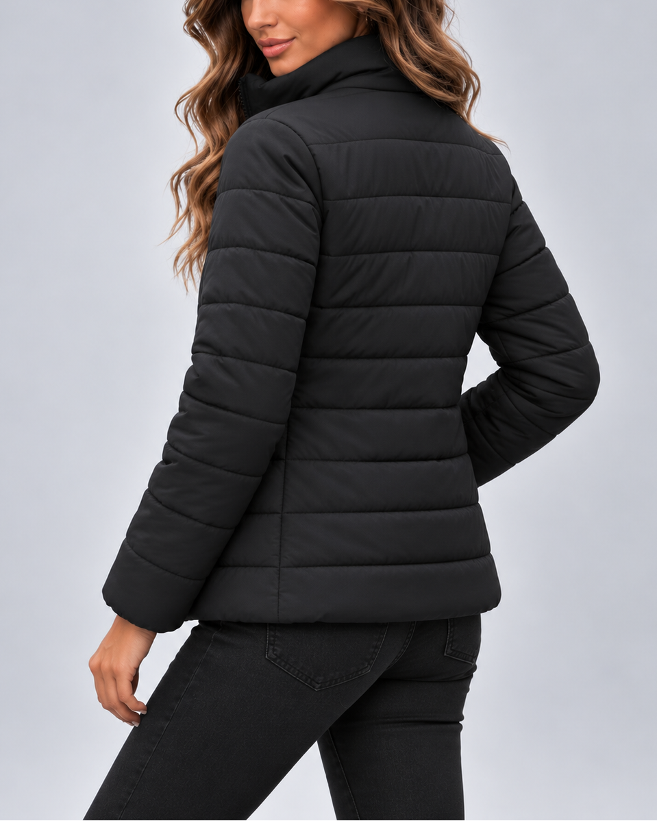 Black quilted puffer jacket side