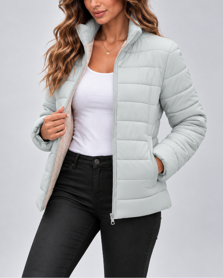 Mint green quilted puffer jacket with teddy lined collar front
