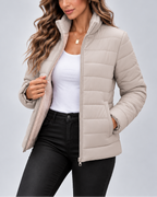 Taupe quilted puffer jacket with teddy lined collar front