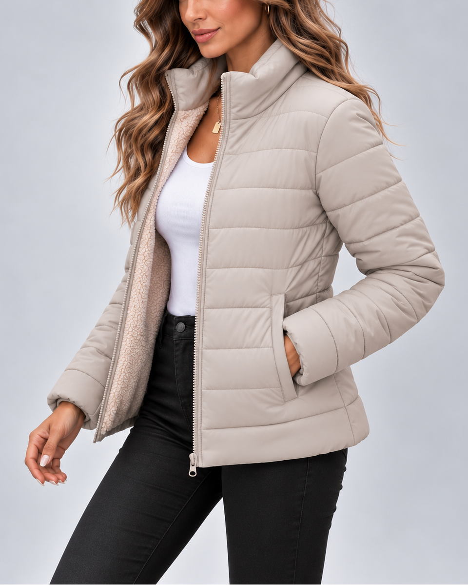Taupe quilted puffer jacket pocket detail
