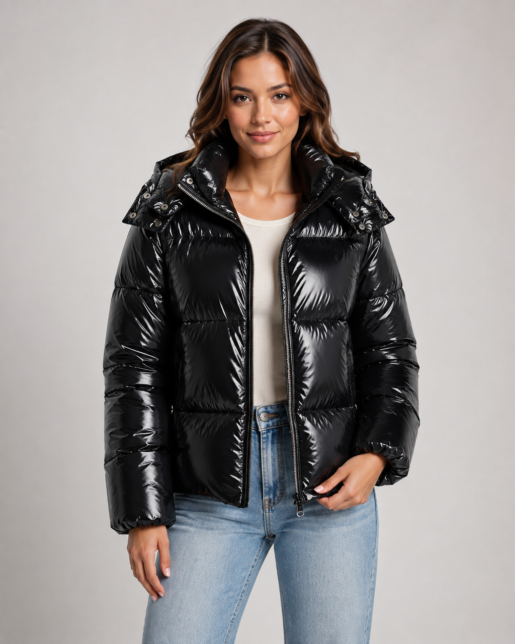 Women's Glossy Quilted Puffer Jacket with Hood and Zip Front