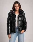 Women's Glossy Quilted Puffer Jacket with Hood and Zip Front