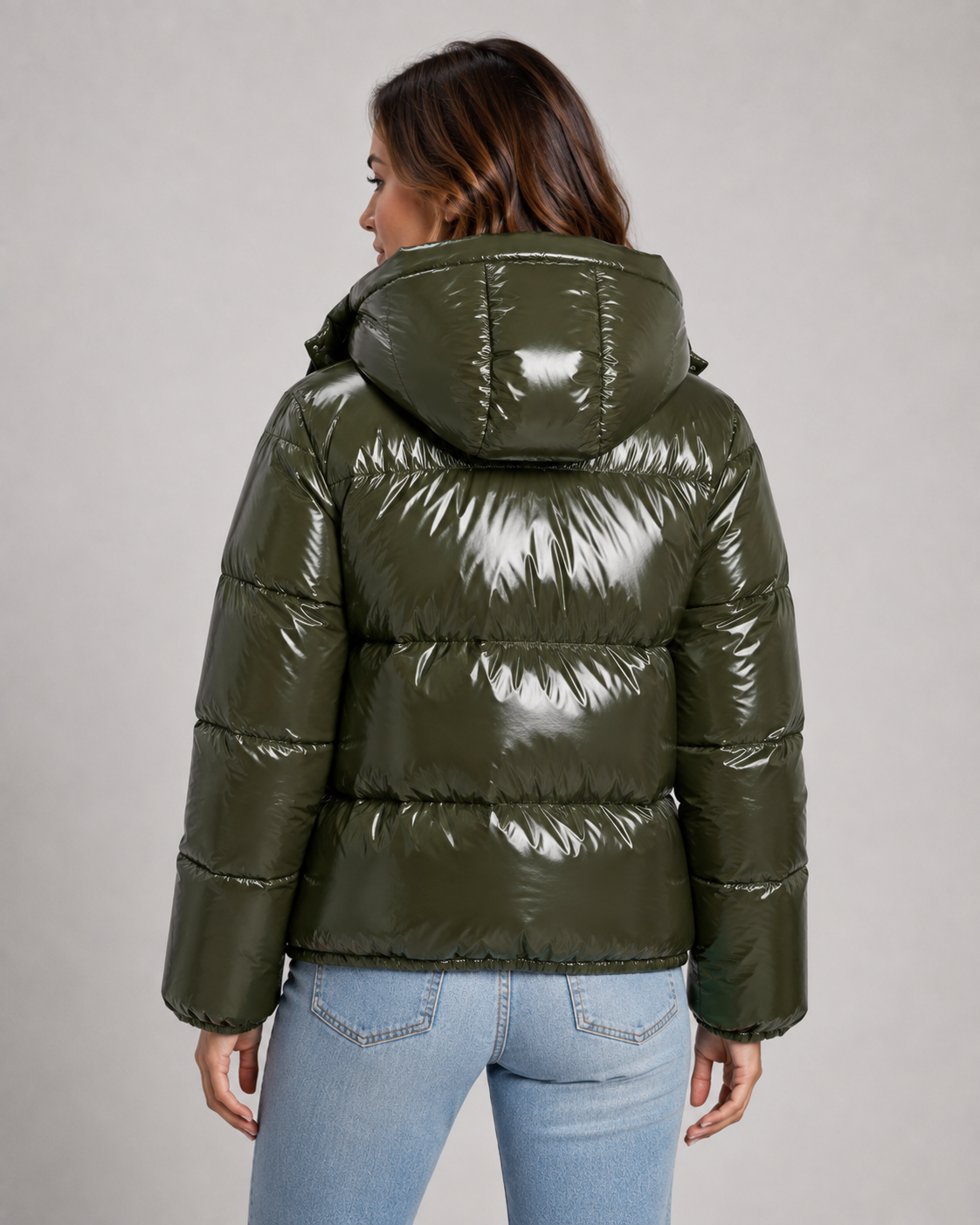 Women's Glossy Quilted Puffer Jacket with Hood and Zip Front
