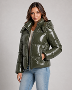 Women's Glossy Quilted Puffer Jacket with Hood and Zip Front