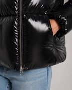 Women's Glossy Quilted Puffer Jacket with Hood and Zip Front