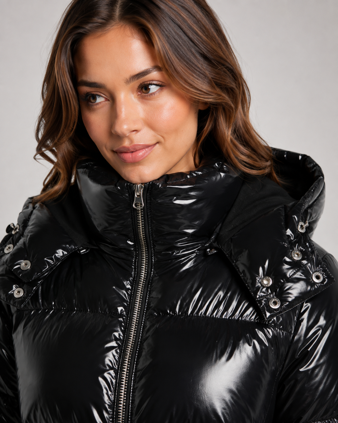 Women's Glossy Quilted Puffer Jacket with Hood and Zip Front