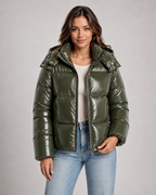 Women's Glossy Quilted Puffer Jacket with Hood and Zip Front