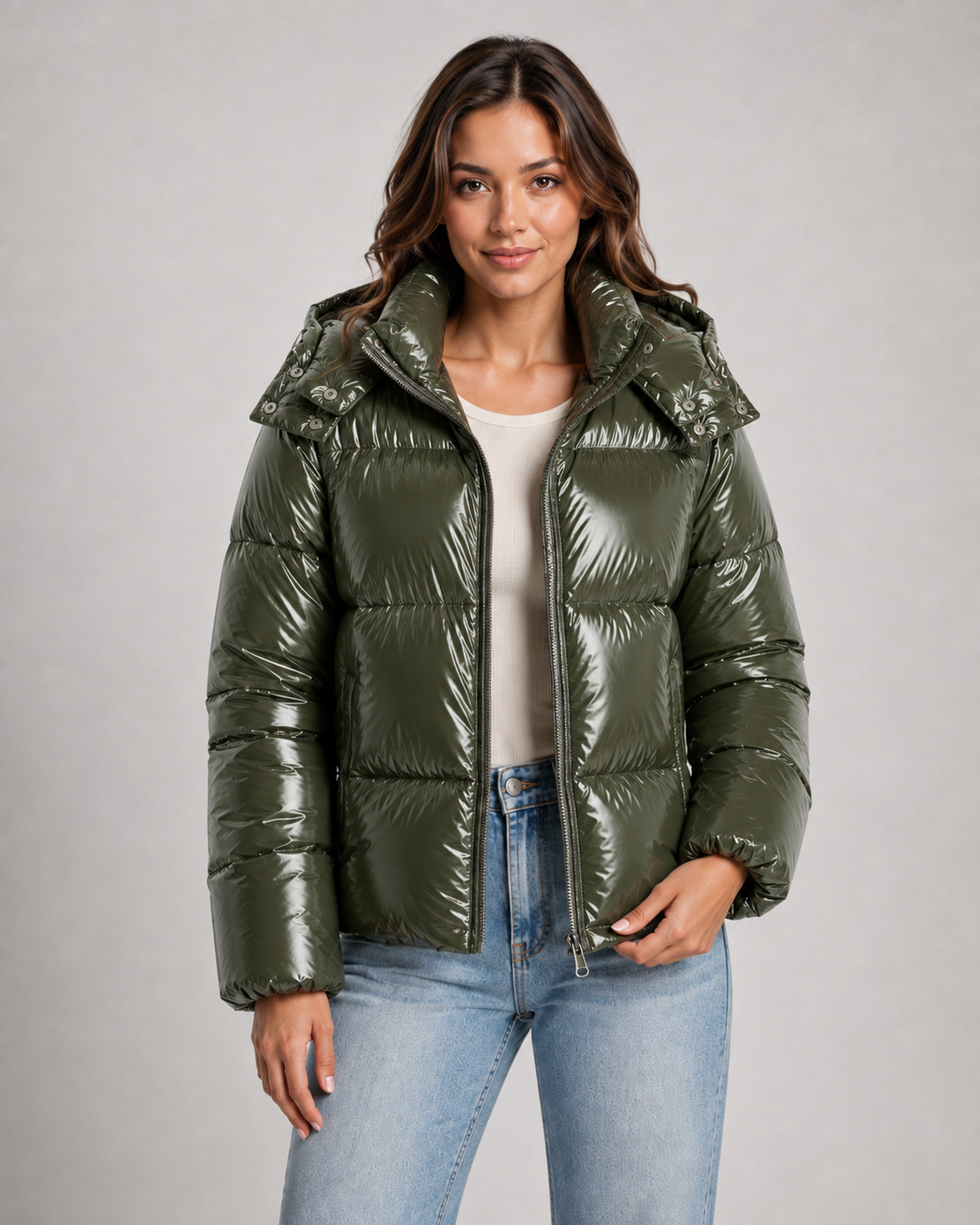 Women's Glossy Quilted Puffer Jacket with Hood and Zip Front