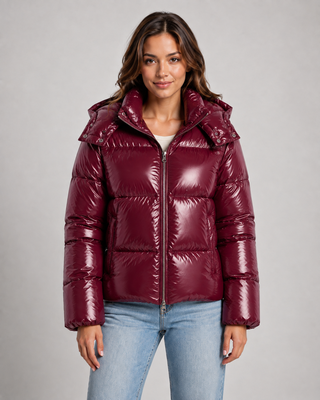 Women's Glossy Quilted Puffer Jacket with Hood and Zip Front