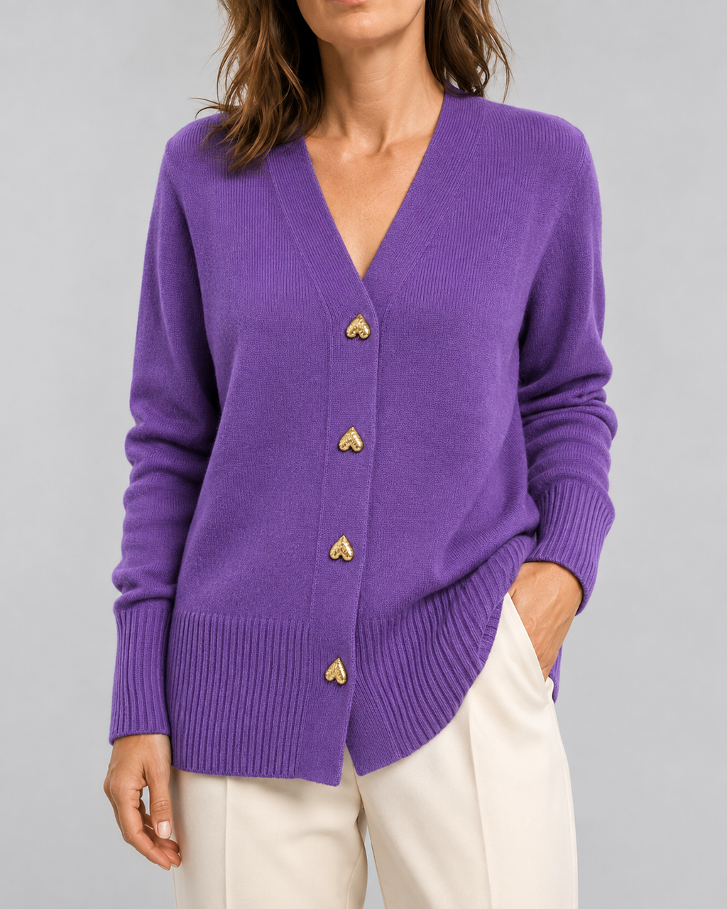 Women's Heart Button Up V Neck Knit Cardigan