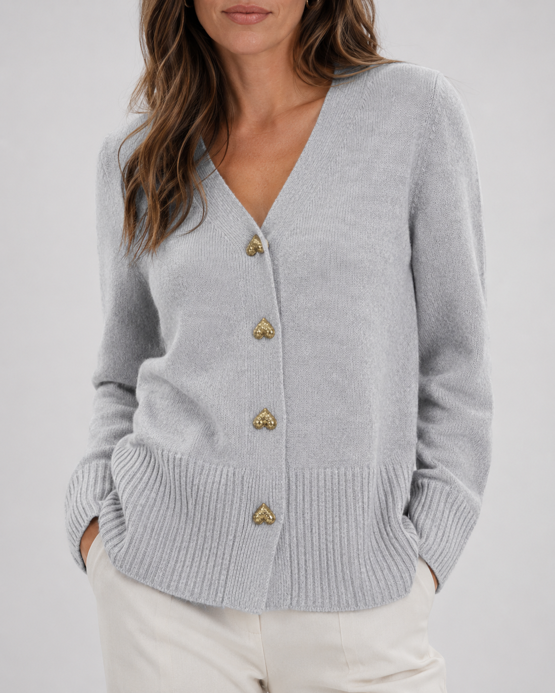 Women's Heart Button Up V Neck Knit Cardigan