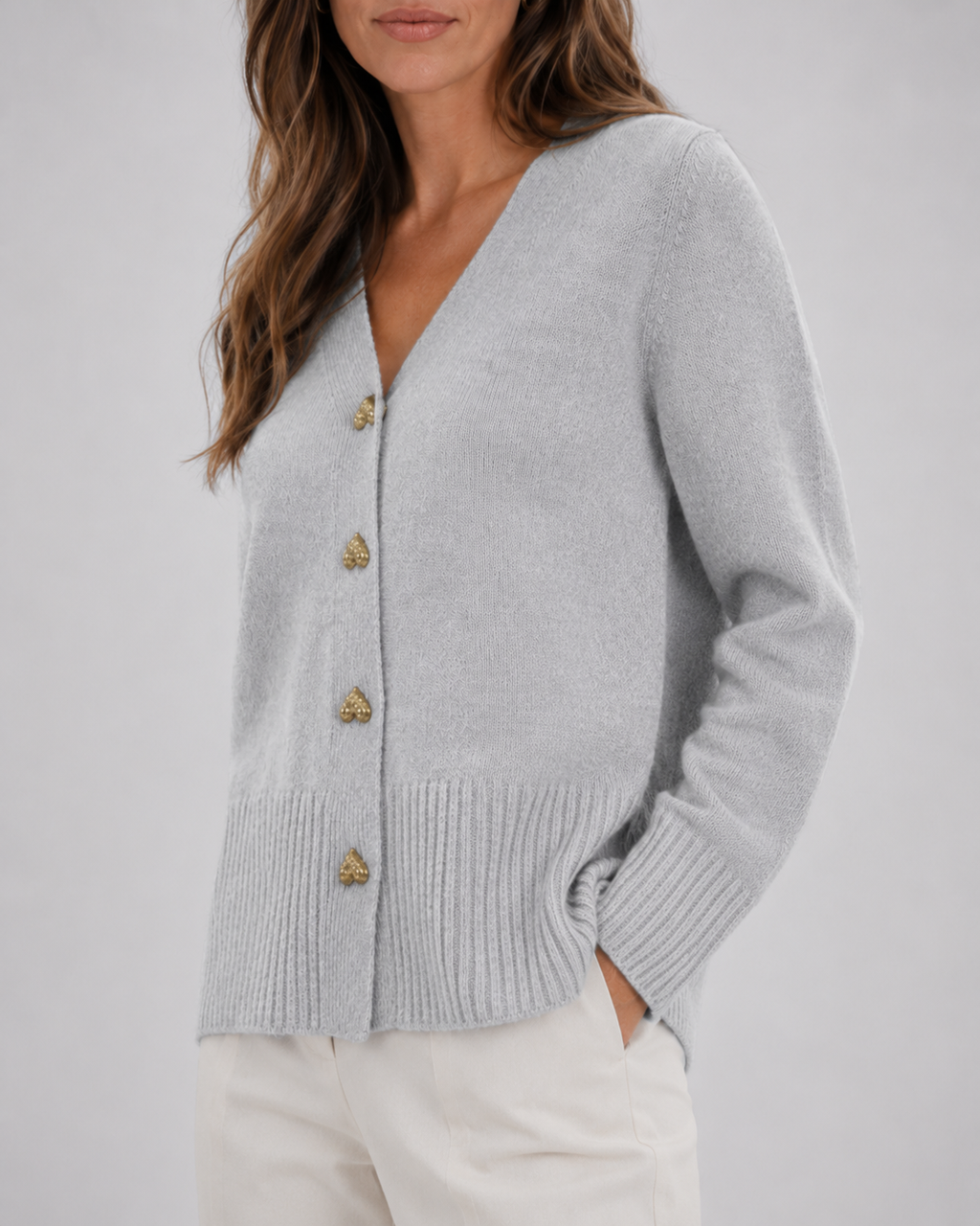 Women's Heart Button Up V Neck Knit Cardigan