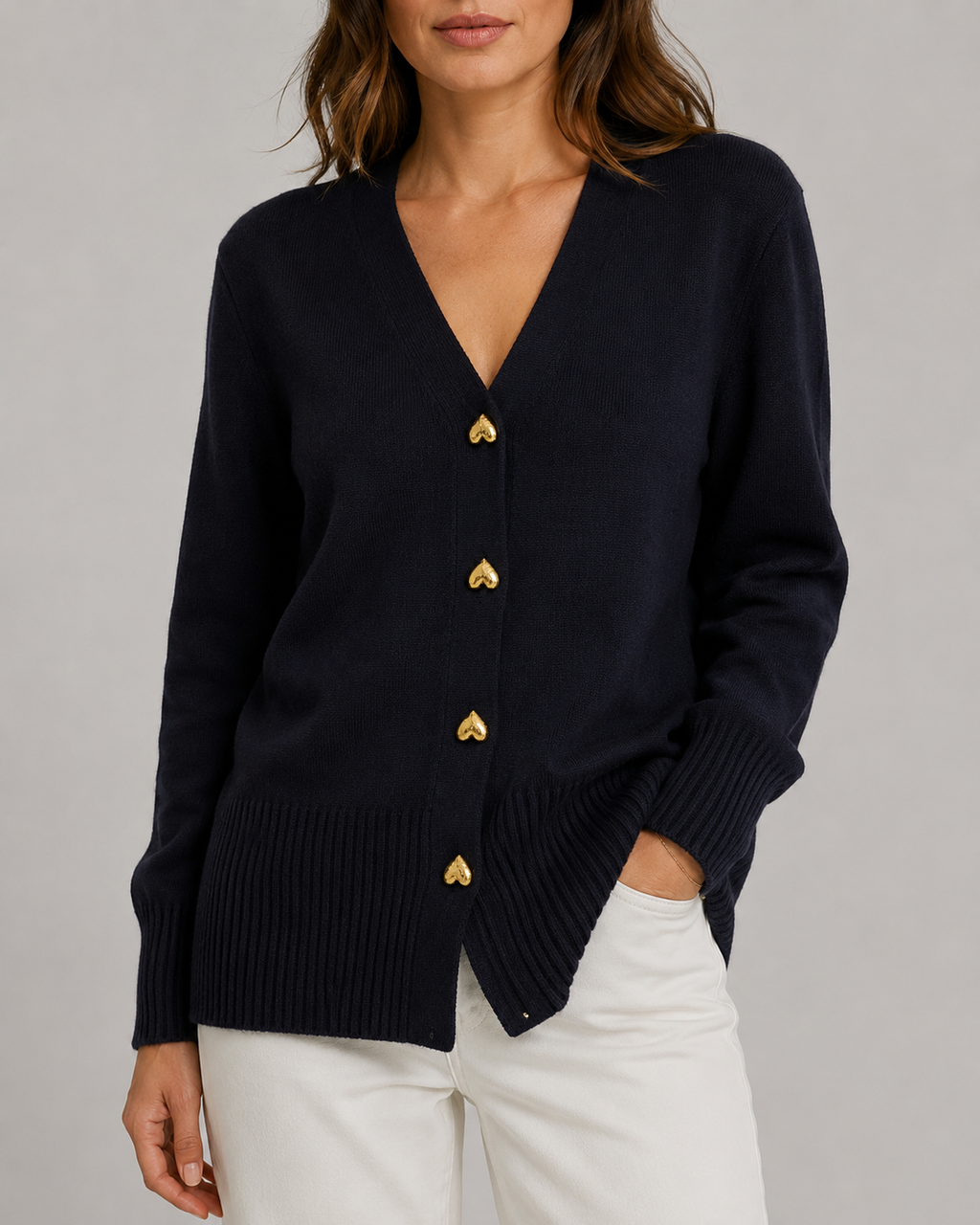 Women's Heart Button Up V Neck Knit Cardigan