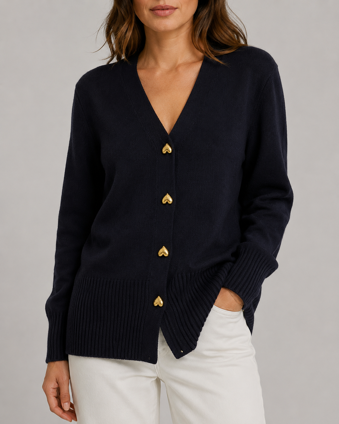 Women's Heart Button Up V Neck Knit Cardigan