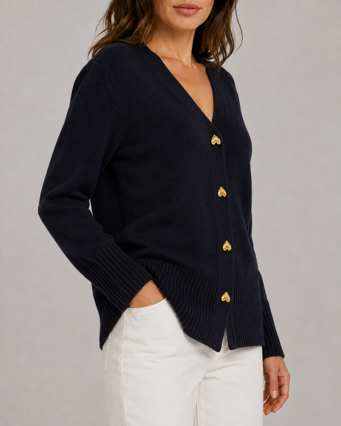 Women's Heart Button Up V Neck Knit Cardigan