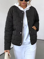 Women's Hexagon Quilted Jacket with Round Neck and Snap Front