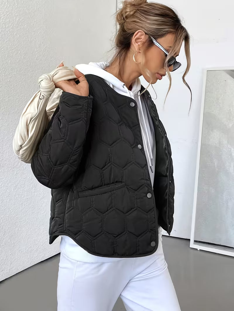Women's Hexagon Quilted Jacket with Round Neck and Snap Front