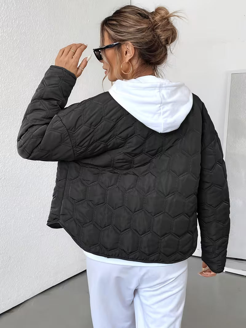 Women's Hexagon Quilted Jacket with Round Neck and Snap Front