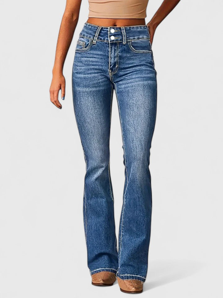 Women's High Waisted Flared Jeans with Double Button Waist