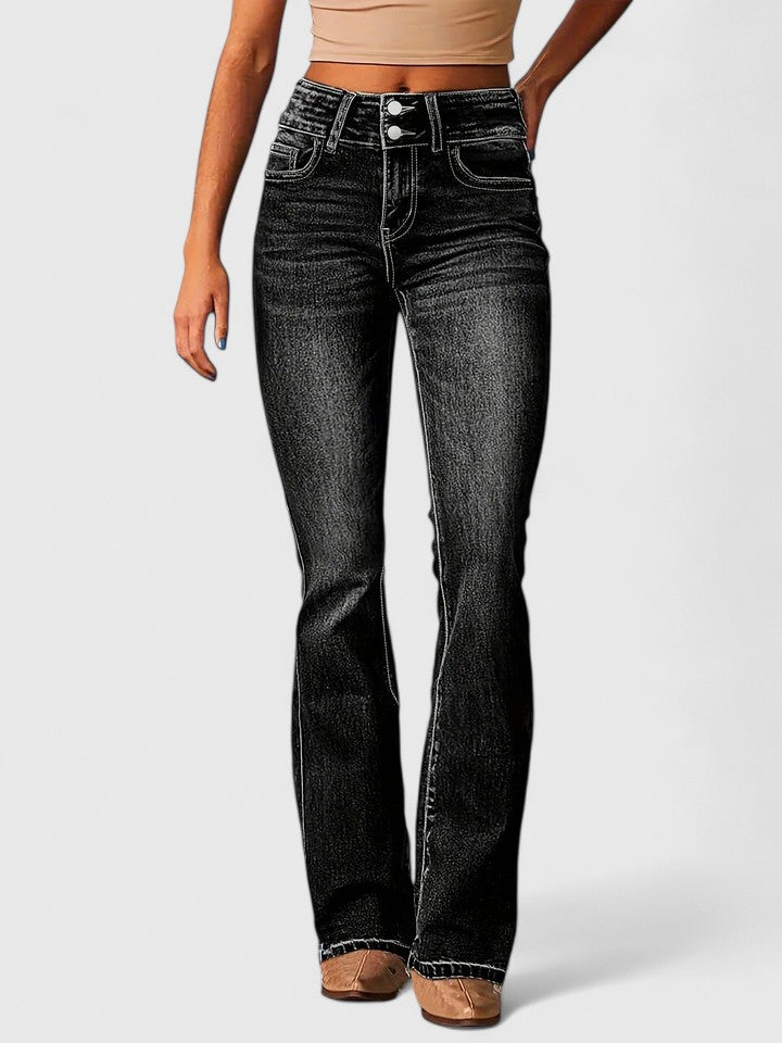 Women's High Waisted Flared Jeans with Double Button Waist