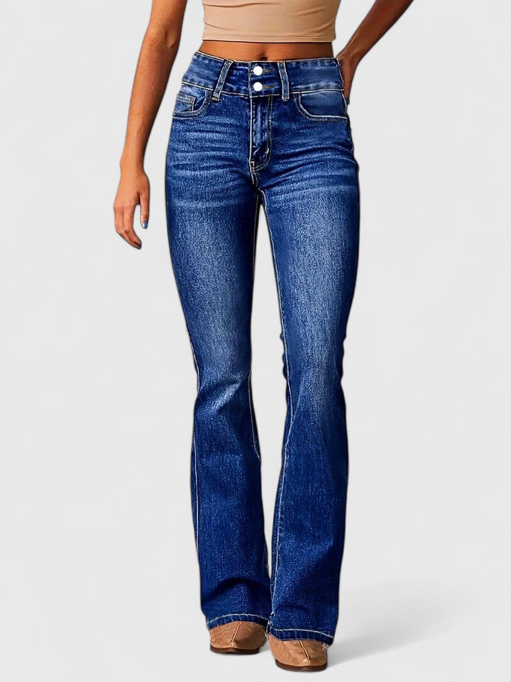 Women's High Waisted Flared Jeans with Double Button Waist