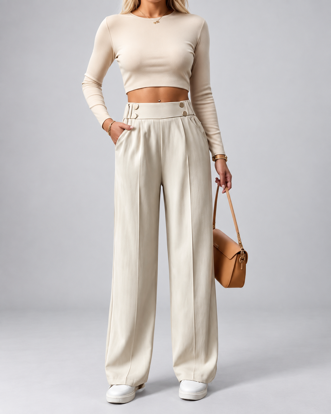 Beige high waisted wide leg office trousers styled with knit