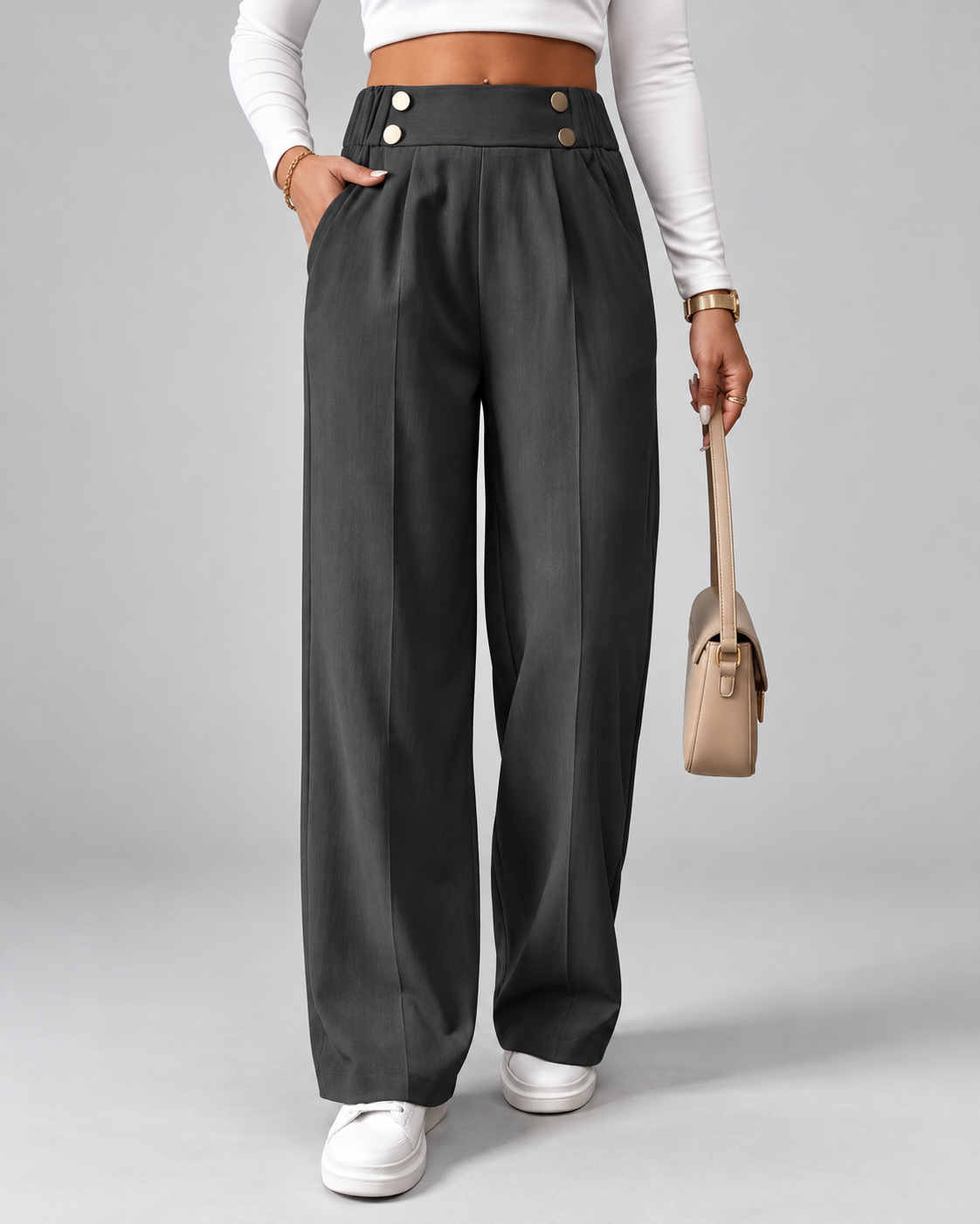 Dark grey high waisted wide leg office trousers front