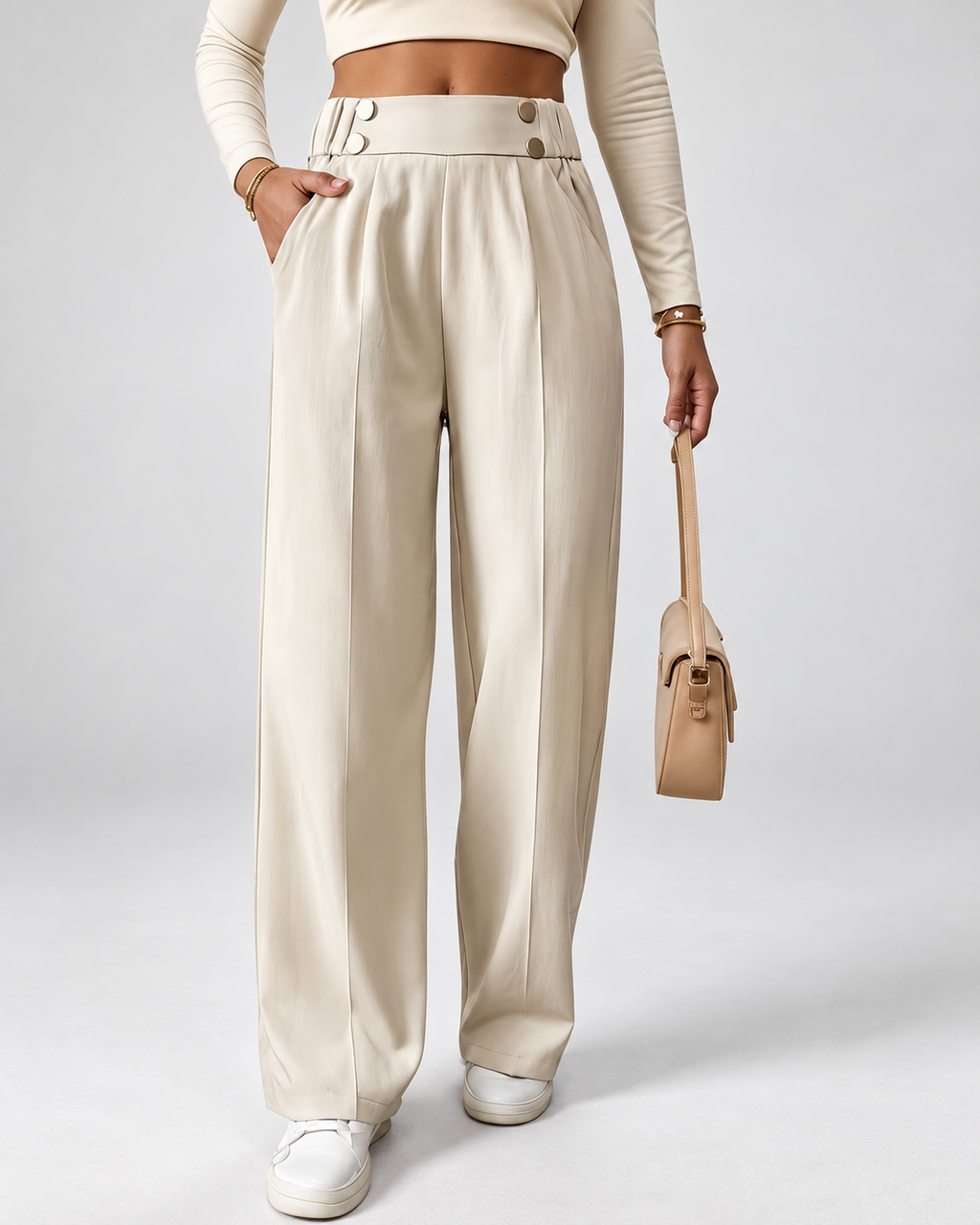 Beige high waisted wide leg office trousers front