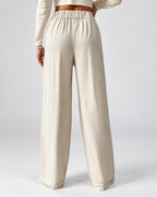 Beige high waisted wide leg office trousers full length
