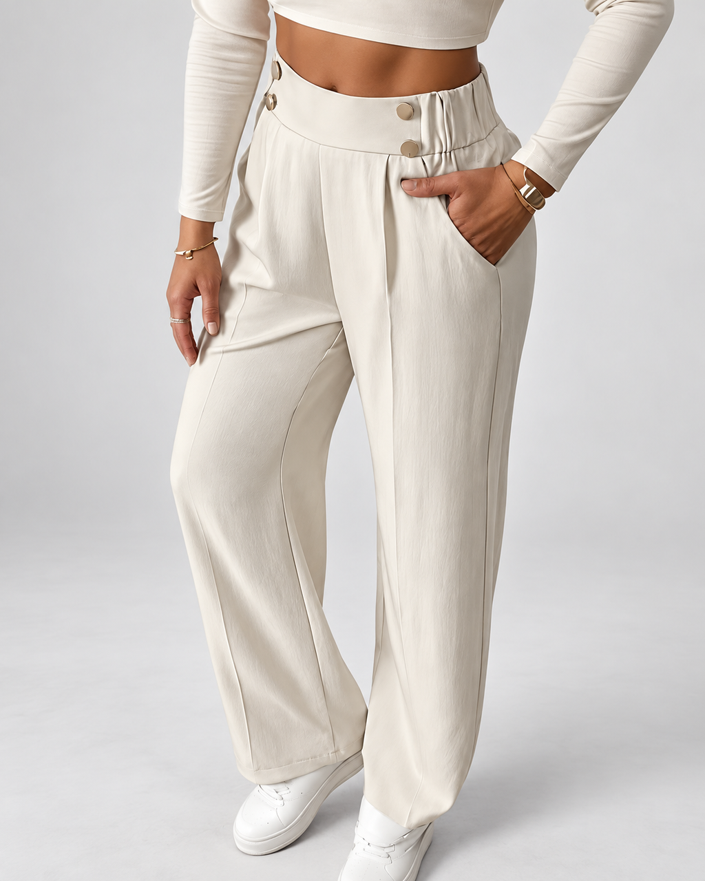 Beige office trousers button waist detail