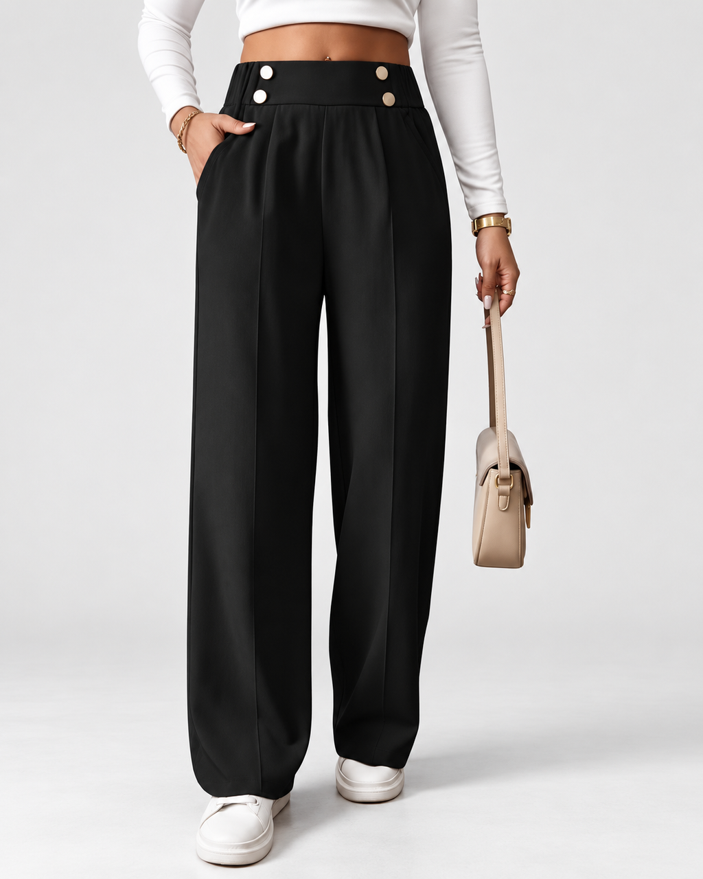 Black high waisted wide leg office trousers styled with knit