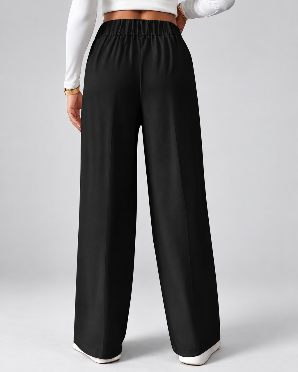 Black high waisted wide leg office trousers front
