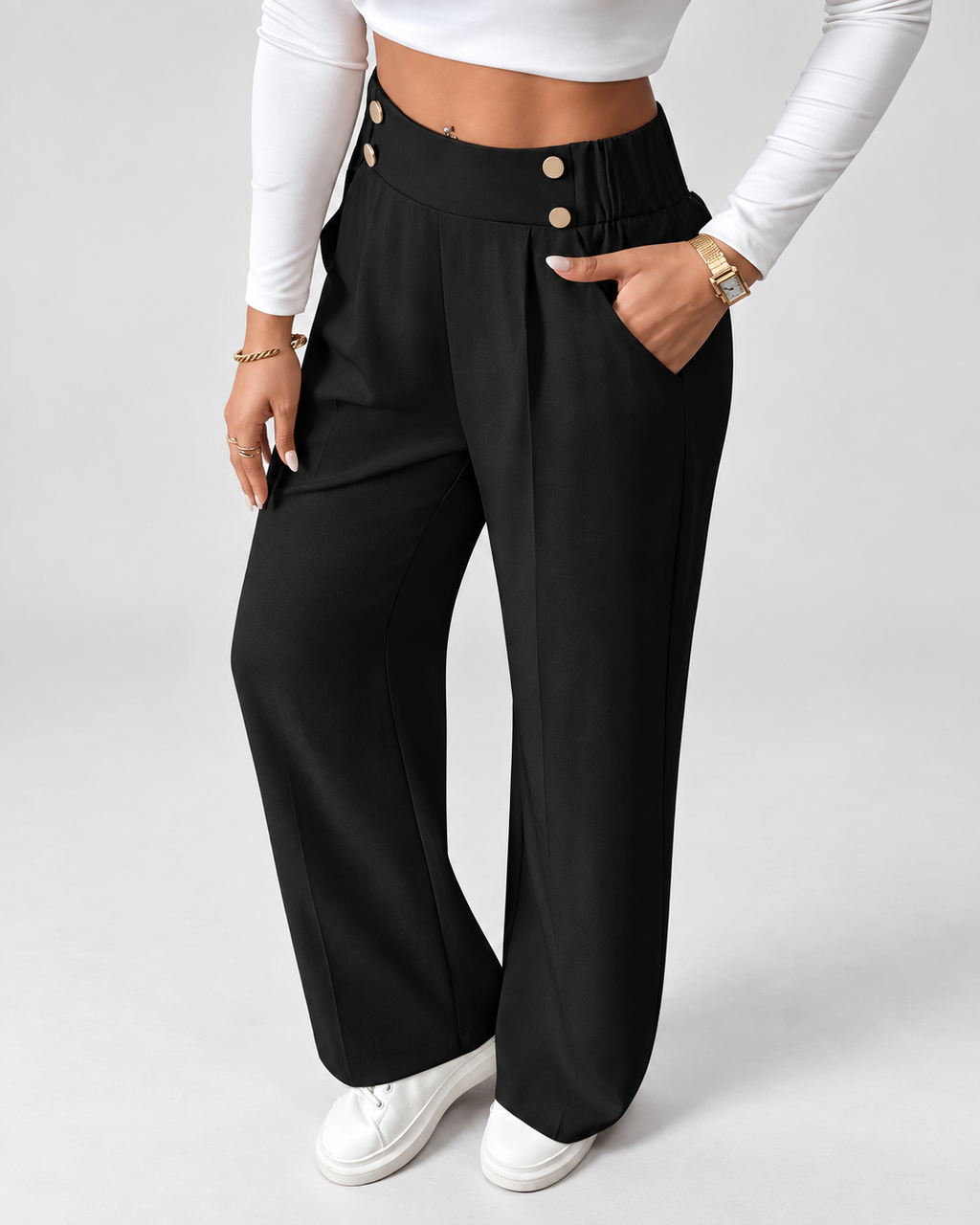 Black office trousers button waist detail