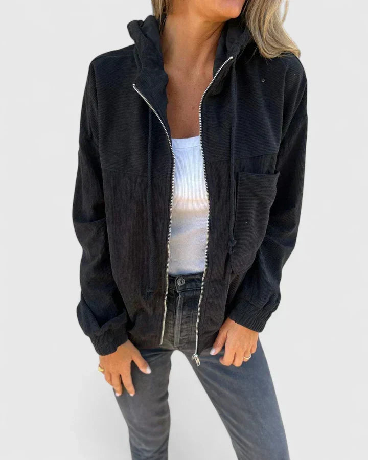 Women's Hooded Corduroy Jacket - Black