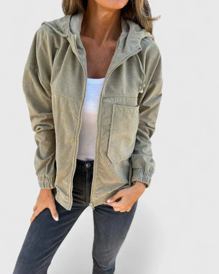 Women's Hooded Corduroy Jacket - Green