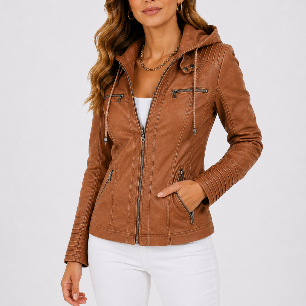 Women's Hooded Faux Leather Jacket | Zip Up Pocket Moto Style