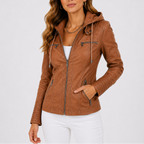 Women's Hooded Faux Leather Jacket | Zip Up Pocket Moto Style