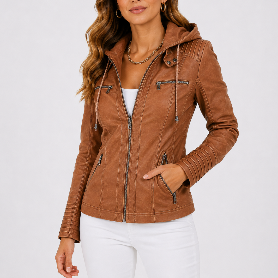 Women's Hooded Faux Leather Jacket | Zip Up Pocket Moto Style