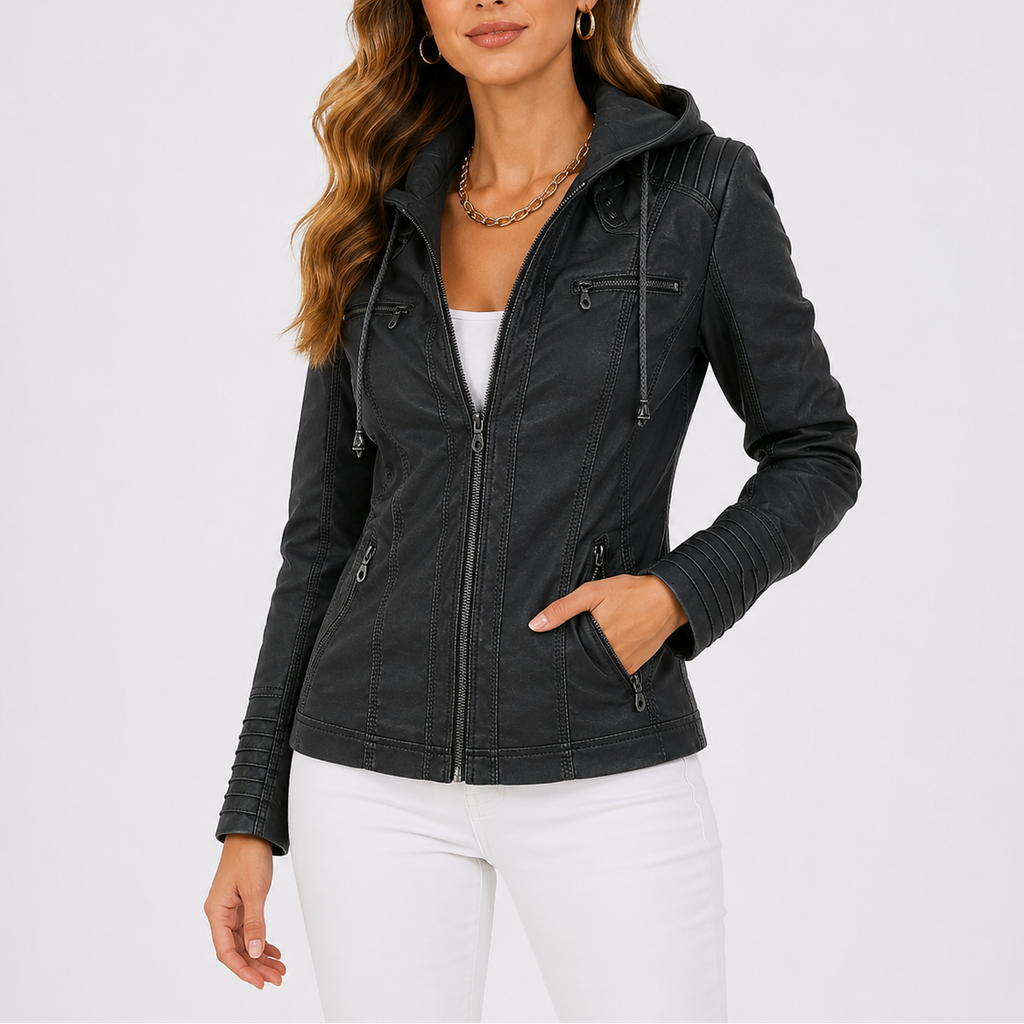 Women's Hooded Faux Leather Jacket | Zip Up Pocket Moto Style