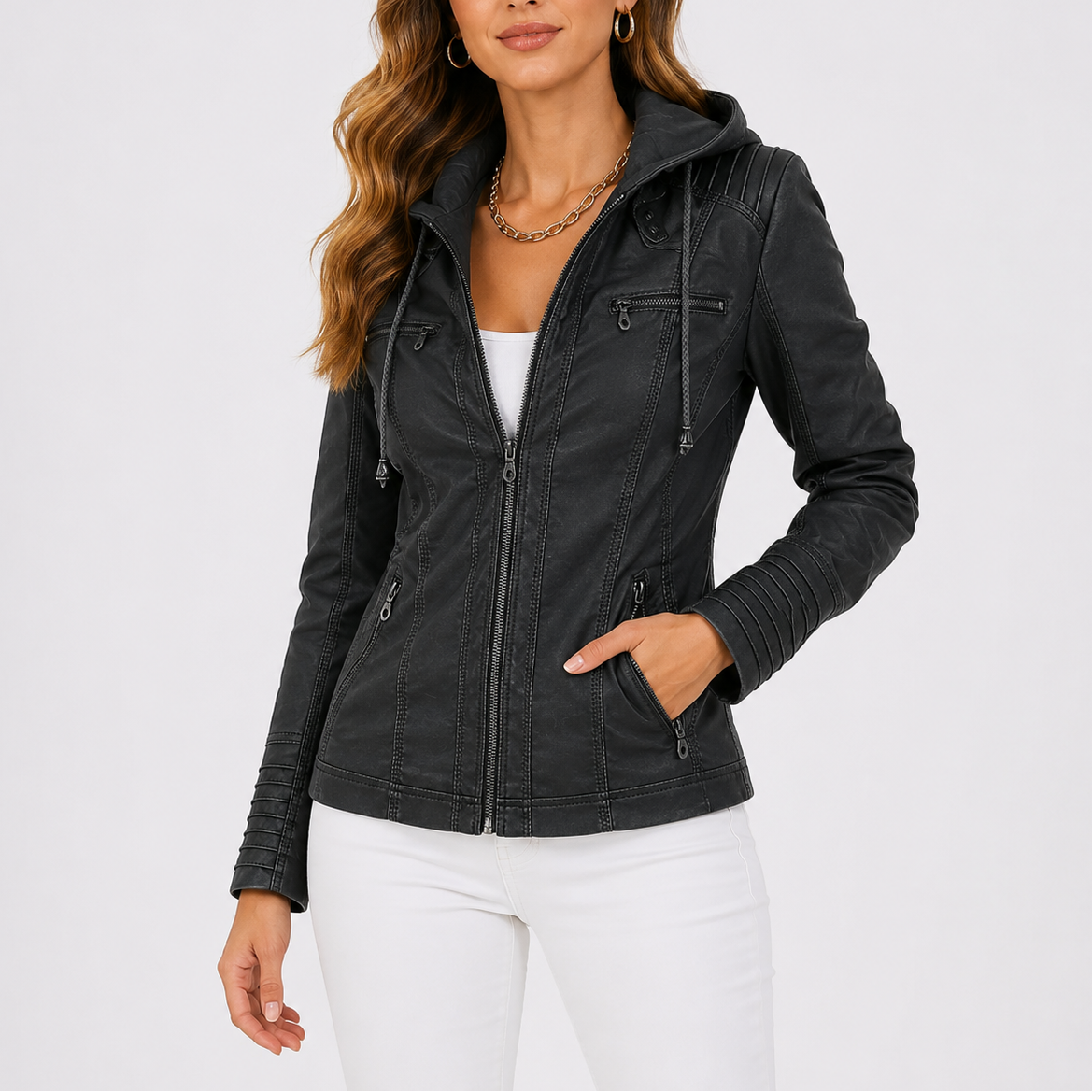 Women's Hooded Faux Leather Jacket | Zip Up Pocket Moto Style