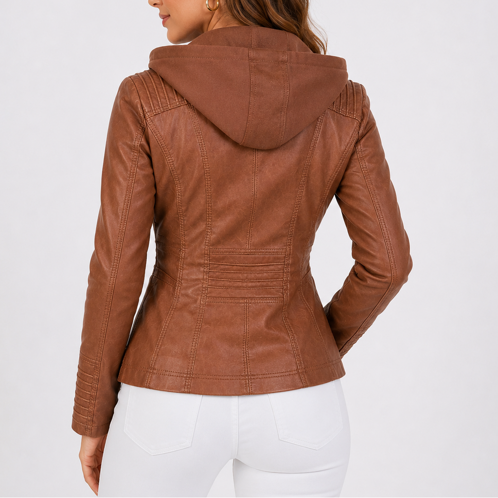 Women's Hooded Faux Leather Jacket | Zip Up Pocket Moto Style