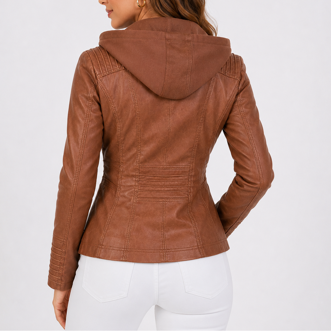 Women's Hooded Faux Leather Jacket | Zip Up Pocket Moto Style