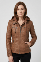 Women's Hooded Faux Leather Jacket with Zip Up and Pockets