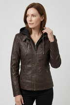 Women's Hooded Faux Leather Jacket with Zip Up and Pockets