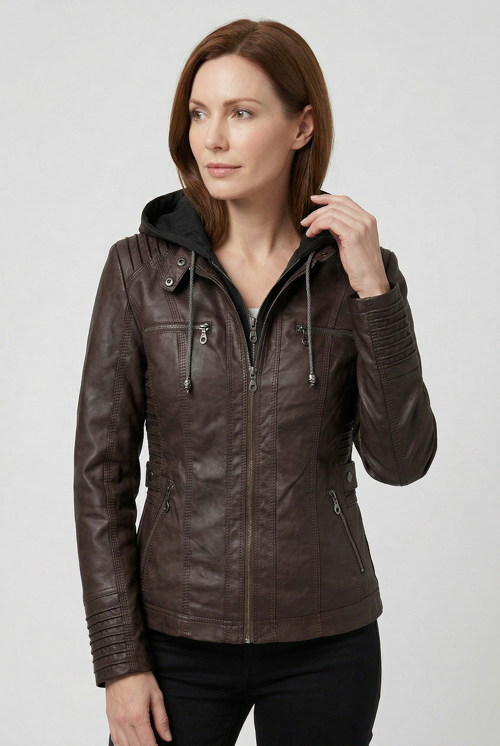 Women's Hooded Faux Leather Jacket with Zip Up and Pockets