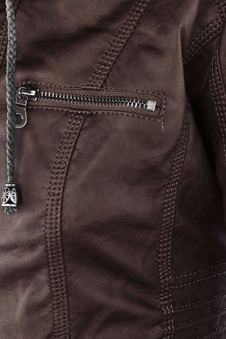 Women's Hooded Faux Leather Jacket with Zip Up and Pockets