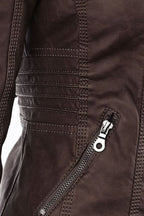 Women's Hooded Faux Leather Jacket with Zip Up and Pockets