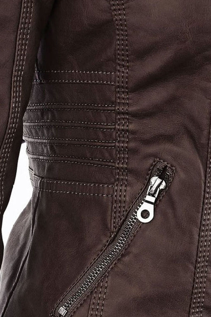 Women's Hooded Faux Leather Jacket with Zip Up and Pockets